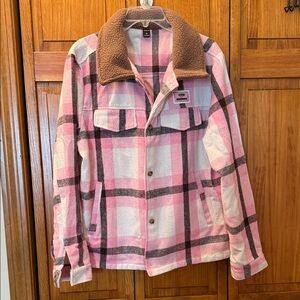SHEIN Pink and Brown Plaid Teddy Jacket size XL NWOT Price drop